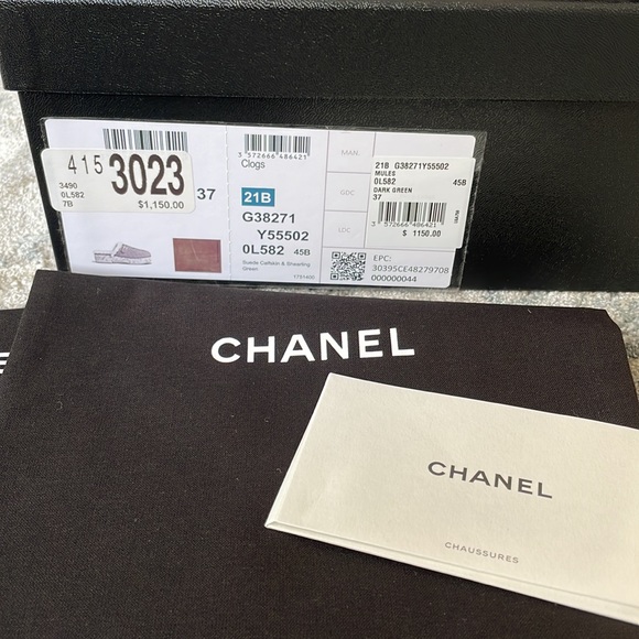 Authentic CHANEL 21A Quilted Suede Cork Shearling Mule / Clog Green/ Taupe SZ.37 - Picture 2 of 15